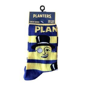 Planters Mr Peanut Crew Socks Navy Blue Yellow Striped Novelty One Size Fit Most
